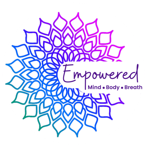 Empowered Mind, Body & Breath logo - a color fading blue, green and purple mandala with Empowered Mind, Body & Breath written